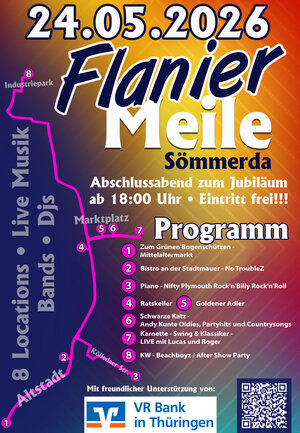 Plakat zur Flaniermeile am 24.05.2026 in Sömmerda mit Programmübersicht, Lageplan und Veranstaltungsorten.