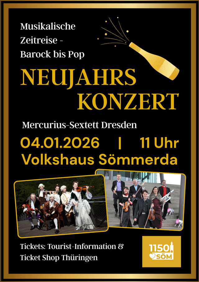 Plakat vom Neujahrkonzert mit 2 Fotos von der Mercurius-Musik aus Dresden