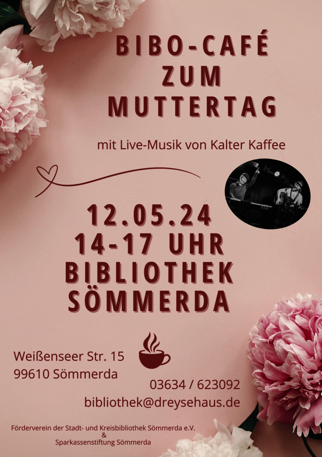 rosa Plakat mit rosa Rosen und Informationen zu dem Bibo-Cafè zum Muttertag