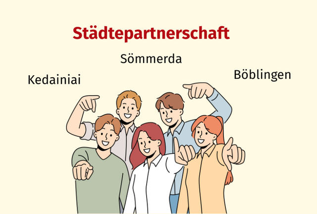 Vor einem hellen Hintergrund steht eine Gruppe von sechs jungen Frauen und Männern. Die Figuren sind in einer Art Comic gezeichnet. Allte sechs tragen unterschiedlich farbige Kleidung und haben unterschiedliche Haarfarben. Am oberen Bildrand steht groß das Wort Städtepartner. Darunter stehen die drei Stadtnamen Sömmerda, Kedainiai und Böblingen.