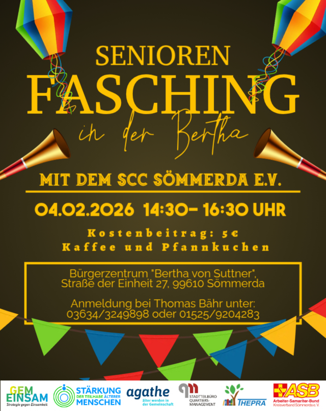 Plakat der Veranstaltung "Senioren Fasching in der Bertha" am 04.02.2026 von 14:30 bis 16:30 Uhr im Bürgerzentrum Sömmerda.