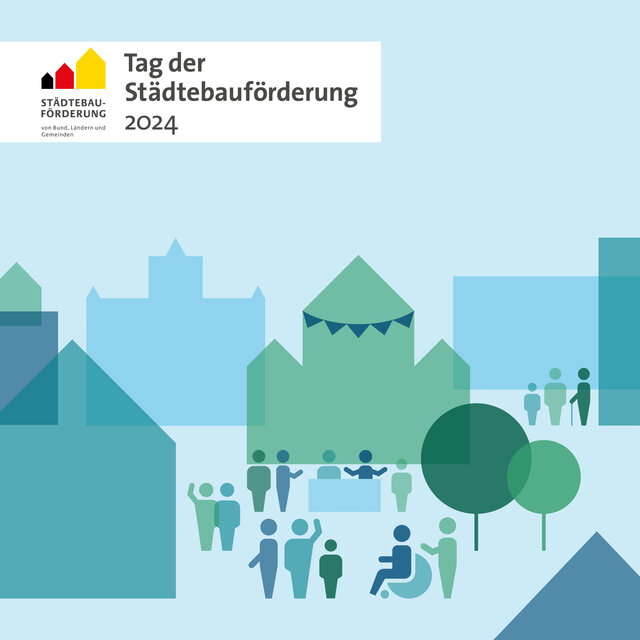 Eine stilisierte Stadtansicht mit verschiedenen Gebäuden und Menschen. Darunter stilisiert Erwachsene, Kinder, Senioren und Menschen mit Handicap. Das Ganze ist in verschiedenen Farbtönen von Blau und Grün gehalten. In der linken oberen Ecke des Bildes befindet sich ein weißer Balken mit drei stilisierten Häusern unterschiedlicher Größe in Schwarz, Rot und Gelb. Darunter steht in kleiner Schridft: Städtebauförderung von Bund, Ländern und Gemeinden. Rechts daneben steht in großer Schrift folgendes: Tag der Städtebauförderung 2024.