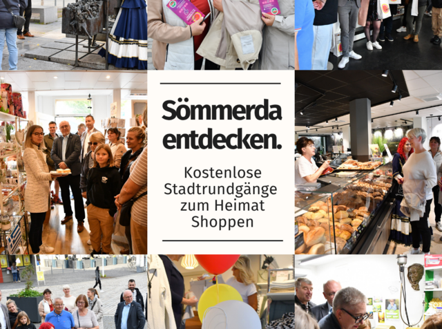 Collage mit acht Fotos von früheren Stadtrundgängen zum Heimat Shoppen in Sömmerda. Zu sehen sind Gruppen von Teilnehmenden in der Innenstadt sowie Besuche in verschiedenen Geschäften. In der Bildmitte steht: „Sömmerda entdecken. Kostenlose Stadtrundgänge zum Heimat Shoppen“.