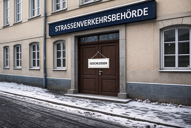 Das Bild zeigt die Außenansicht eines Behördengebäudes mit der deutlich sichtbaren Beschriftung „Straßenverkehrsbehörde“ über der Eingangstür. An der braunen Tür hängt ein Schild mit der Aufschrift „Geschlossen“. Auf der Straße davor liegt eine dünne Schneeschicht, die auf die winterliche Jahreszeit Ende November hinweist.