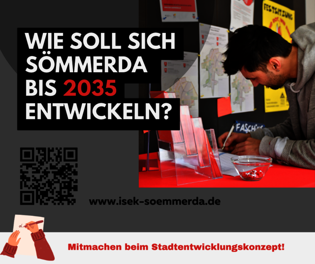 Grafik zum Integrierten Stadtentwicklungskonzept mit AUfruf zur Beteiligung neben einem Bürger der den Fragebogen ausfüllt