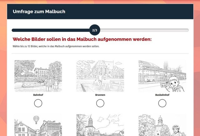 Ein Ausschnitt der Internetseite, auf der zu den Motiven fürs Malbuch abgestimmt werden kann. Dargestellt sind einige der zur Auswahl stehenden Motive in Schwarz-Weiß. Ganz oben steht Umfrage zum Malbuch. Darunter folgender Text: Wecle Bilder sollen in das Maluch aufgenommen werden: Wähle bis zu 12 Bilder, welche in das Malbuch aufgenommen werden sollen.