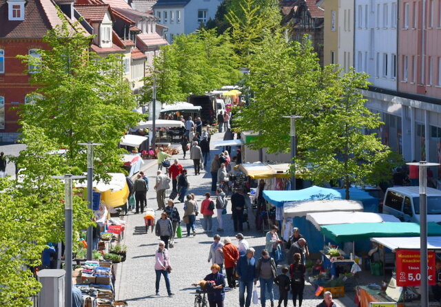 Die Marktstraße in Sömmerda von oben gesehen an einem Tag mit Wochenmarkt. Links und rechts der Straße, die als Fußgängerzone angelegt ist, stehen verschieden Stände. Dazwischen laufen zahlreiche Menschen. Andere stehen an dem einen und anderen Stand. Jeweils rechts und links der Marktstraße zieht sich außerdem eine grüne Baumreihe hin.