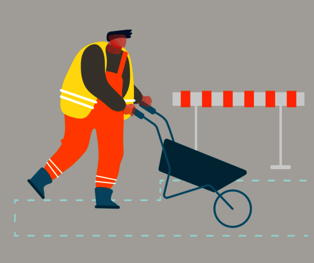 Grafische Darstellung eines Bauarbeiters mit orangener Hose und gelbe Weste der eine Schubkarre auf einer Straße bewegt. Hinter ihm ist eine Sperrung in Form einer Warnbarke zu sehen.