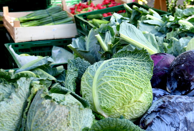 Gemüseauswahl auf dem Wochenmarkt. Verschiedene Gemüsesorten wie etwa Rotkraut-Köpfe, Wirsing-Köpfe, Radieschen-Bündel, Blumenkohl und Lauch liegen auf einem Tisch auf dem Wochenmarkt.