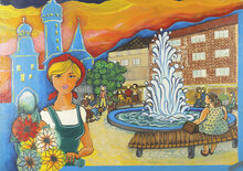 Buntes Gemälde des Sömmerdaer Marktplatzes mit Kirche, Brunnen, Menschen und einer Blumenverkäuferin im Vordergrund.