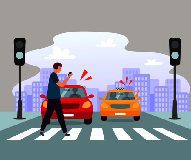 grafische Darstellung einer Szene aus dem Szraßenverkehr. Ein Mann geht über die Straße auf einen Zebrastreifen. Autos warten und hupen an der Ampel.