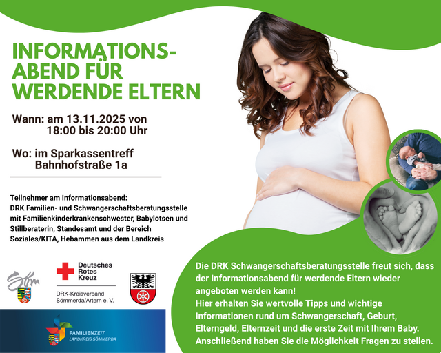 Plakat zeigt schwangere Frau, die ein weißes Shirt trägt und ihren Bauch streichelt. Der Text zum Informationsabend für werdende Eltern mit Eckdaten ist enthalten.