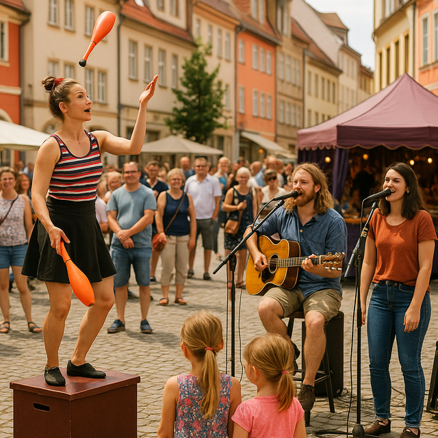 Eine junge Frau balanciert auf einem Podest und jongliert inmitten eines Stadtfestes. Neben ihr musizieren ein Gitarrist und eine Sängerin, während Kinder und Erwachsene gespannt zusehen. Im Hintergrund stehen historische Gebäude und ein lilafarbenes Festzelt auf dem gepflasterten Marktplatz.