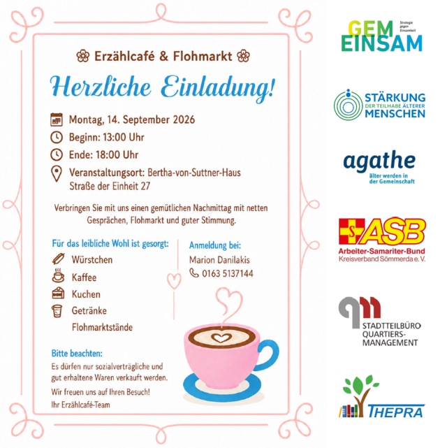 Erzählcafé und Flohmarkt Plakat für das Erzählcafé und Flohmarkt am 14.09.2026 von 13:00 bis 18:00 Uhr im Bürgerzentrum Sömmerda.