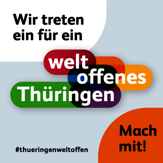 Logo der Initiative weltoffenes Thüringen mit weißer Schrift auf bunten Hintergrund mit dem Wortlaut wir treten ein für ein weltoffenes Thüringen, mach mit!