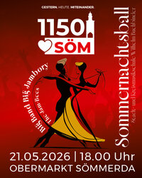 Veranstaltungsplakat zum Sommernachtsball der BigBand „Big Jambory“ im Rahmen des 1150-jährigen Stadtjubiläums Sömmerda. Auf rotem Hintergrund mit Tanzpaar-Silhouette stehen Datum, Uhrzeit und Ort: 21.05.2026, 18:00 Uhr, Obermarkt Sömmerda.