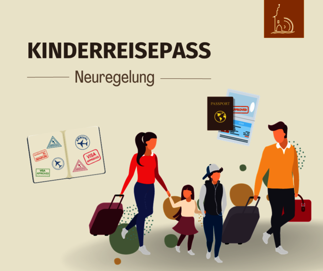 Grafische Darstellung einer Familie mit Reisegpäck die zusammen laufen. Neben ihnen sind Reisepässe zu sehen. Die Überschrift lautet Kinderreisepass Neuregelung