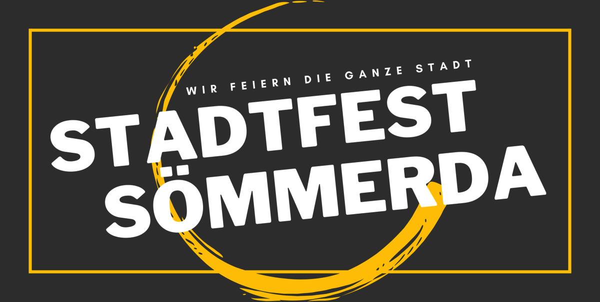 Stadtfest Banner 2023 Banner vom Stadtfest Sömmerda mit weißer Schrift welche in einem gelben Kreis eingerahmt ist auf grauen Hintergrund