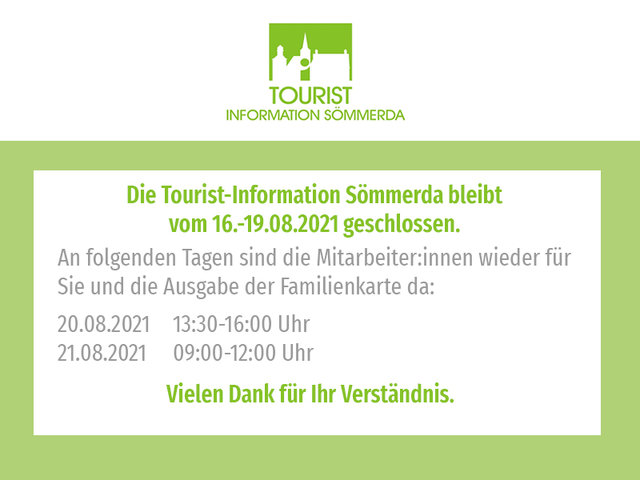 Tourist-Information vom 16. bis 19. August geschlossen