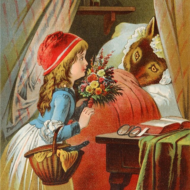 Bild des Märchens "Rotkäppchen und der Wolf". Der Wolf liegt als Großmutter verkleidet im Bett. Davor steht Rotkäppchen mit einem Korb und Blumen.