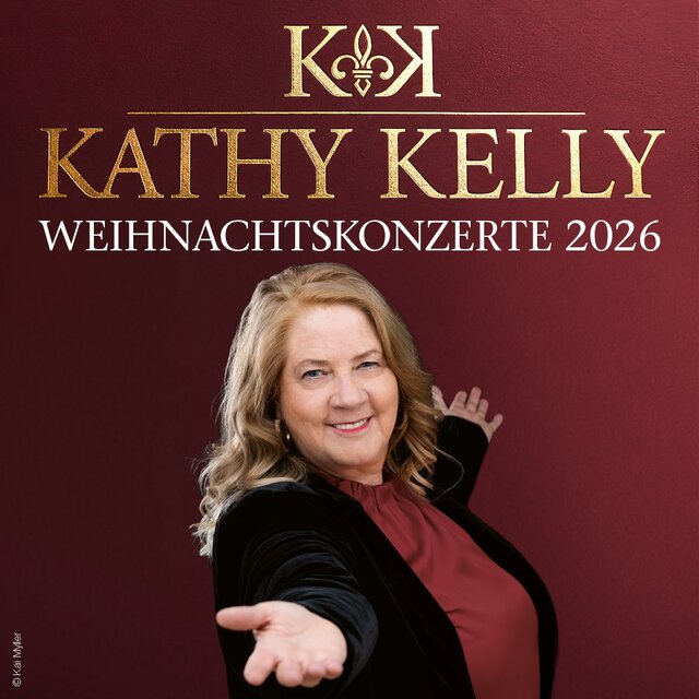 Foto von Kathy Kelly vor rotem Hintergrund. Darüber steht der Schriftzug "Kathy Kelly - Weihnachtskonzerte 2026"