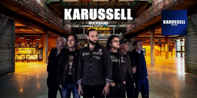 Plakat der Veranstaltung "50 Jahre Karussell" am 28.03.2025 um 19:00 Uhr im Volkshaus Sömmerda. Die Rockband, bestehend aus sechs Männern, befindet sich in einer Halle.