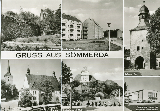 Postkarte mit dem Schriftzug "Gruß aus Sömmerda" mit älteren Schwarz-Weiß-Aufnahmen von verschiedenen Sehenswürdigkeiten aus Sömmerda.