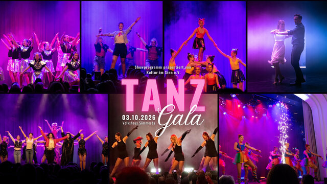 Plakat für die Tanzgala 2026 am 03.10.2026 im Volkshaus Sömmerda. Zu sehen sind verschiedene Tanzgruppen.