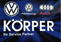 Logo von Autohaus Körper mit VW und Audi Symbol auf blauen Hintergrund