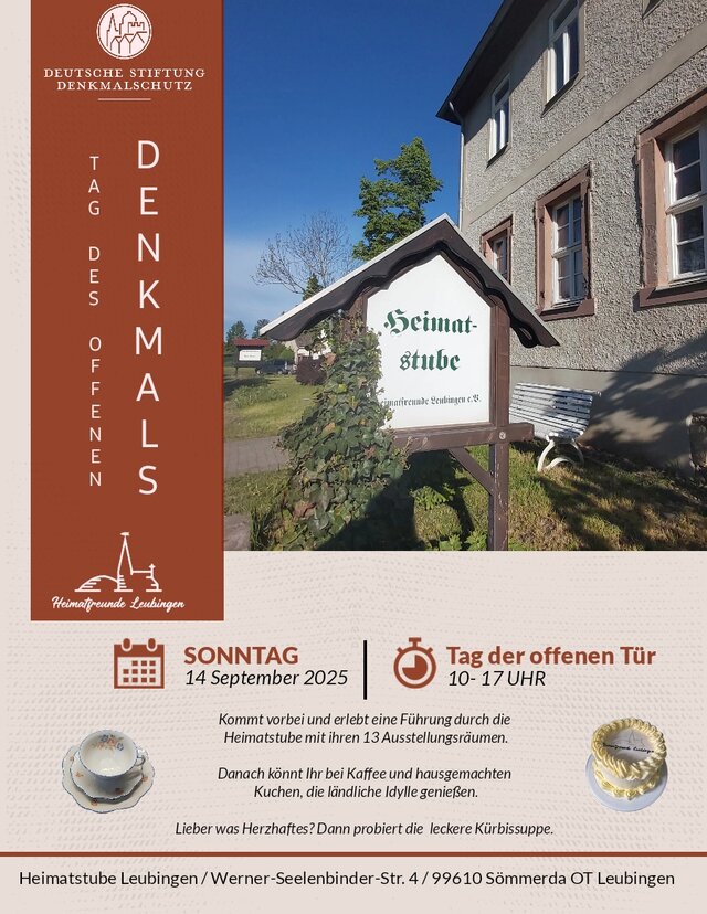 Foto von der Heimatstube in Leubingen mit Text zum Öffnung am Tag des offenen Denkmals am 14. September 2025
