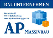 Grafisches Logo mit Cubus in blau und Rot und der Überschrift Bauunternehmen und AP Massivbau