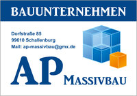 Grafisches Logo mit Cubus in blau und Rot und der Überschrift Bauunternehmen und AP Massivbau