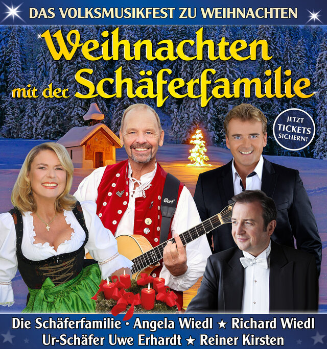 Angela und Richard Wiedl, Urschäfer Uwe Erhardt und Reiner Kirsten vor einer weihnachtlichen, bläulichen Winterlandschaft.