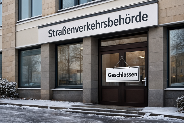 Das Bild zeigt die Außenansicht eines Behördengebäudes mit der deutlich sichtbaren Beschriftung „Straßenverkehrsbehörde“ über der Eingangstür. An der braunen Tür hängt ein Schild mit der Aufschrift „Geschlossen“. Auf der Straße davor liegt eine dünne Schneeschicht, die auf die winterliche Jahreszeit Ende November hinweist.