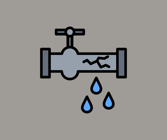 grafische Darstellung eines Rohrbruchs mit austretenden Wasser auf grauen Hintergrund