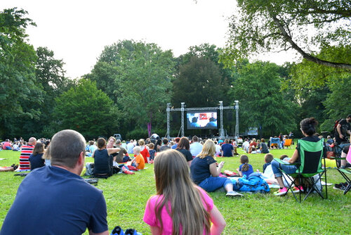 Viele Kinder, Jugendliche und Erwachsene sitzen in Gruppen verteilt auf Decken oder Campingstühlen auf einer großen Rasenfläche im Stadtpark, umgeben von Bäumen. Auf einer großen Leinwand wird ein Film gezeigt.