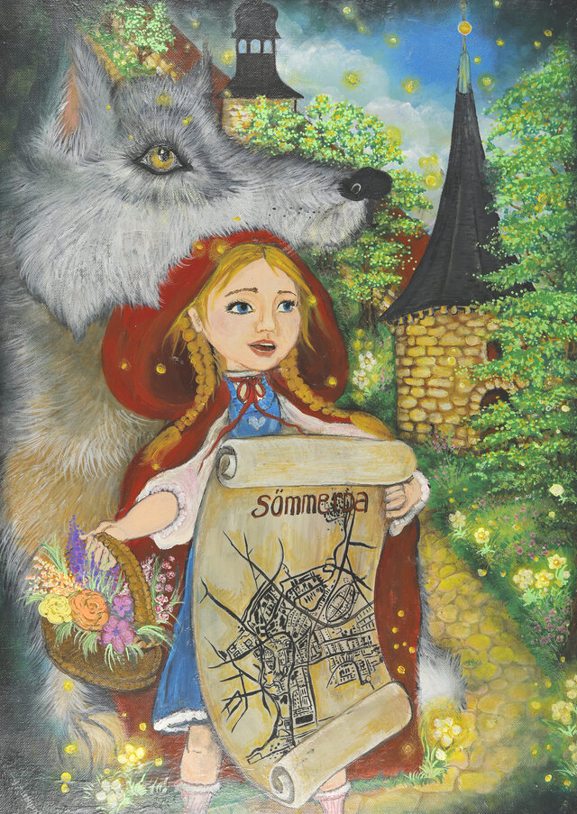 Gemälde von Rotkäppchen, das einen Stadtplan von Sömmerda in der Hand hält, und dem Wolf. Im Hintergrund sind die Spitze des Erfurter Tors und ein Stadtmauertürmchen zu sehen.