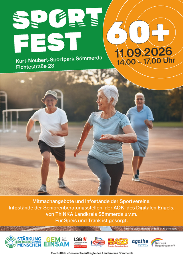 Sportfest 60+ Plakat der Veranstaltung "Sportfest 60+" am 11.09.2026 von 14:00 bis 17:00 Uhr im Kurt-Neubert-Sportpark Sömmerda. Zu sehen sind drei Senior*innen, die Sportübungen machen.