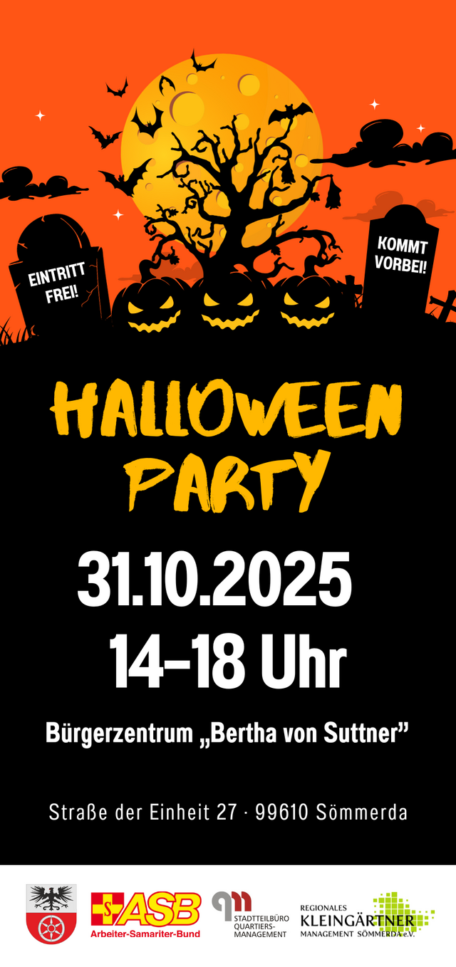 Plakat der Halloween-Party am 31.10.2025 von 14:00 bis 18:00 Uhr im Bürgerzentrum "Bertha von Suttner". Zu sehen sind drei böse grinsende Kürbisse zwischen zwei Gräbern. Im Hintergrund sind ein Baum ohne Blätter, Fledermäuse und der Mond. Die Farben sind schwarz, weiß, gelb und orange.