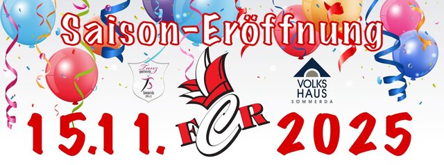 Bild mit schwebenden Luftabllons und Luftschlangen, Text Saison Eröffnung, FCR 15. November 2025