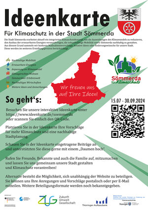 Ein Plakat, auf dem Ideenkarte und für Klimaschutz in der Stadt Sömmerda steht. Dazu ist darauf das Wappen der Stadt und das Logo für den Klimaschutz in Sömmerda und ein QR-Code. Zudem stehen auf dem Plakat die einzelnen Handlungsfelder, in denen Klimaschutz in Sömmerda erfolgen soll, und Erläuterungen zur Handhabung der Ideenkarte.