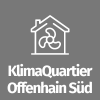 Klimaquartier Offenhain Süd steht in weißer Farbe auf grauen Hintergund. Über der Schrift ist ein Haus mit Windrad