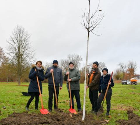 Familie Leischner/Kranz mit Schaufeln am Baum.