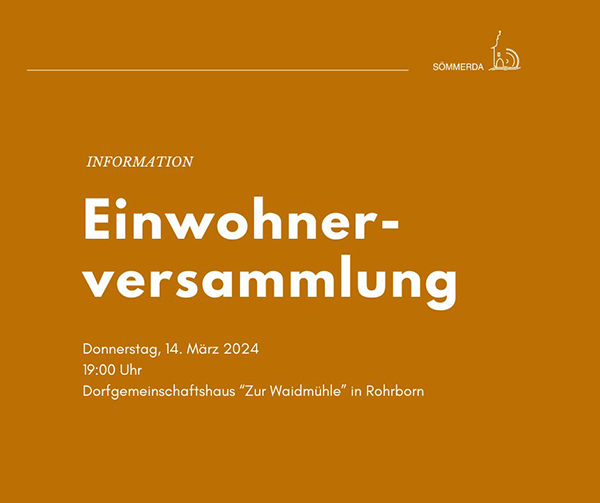 Ein quadratisches Plakat mit dem Logo der Stadt, dem Schriftzug Einwohnerversammlung sowie den Informationen zu Tag, Zeit und Ort der Einwohnerversammlung.