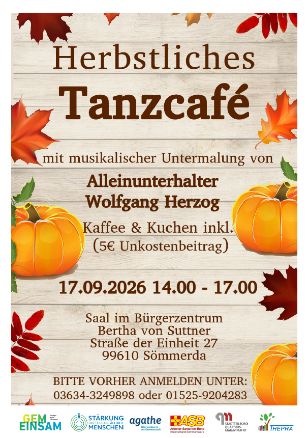 Herbstliches Tanzcafé Plakat für das Herbstliche Tanzcafé am 17.09.2026 von 14:00 bis 17:00 Uhr im Bürgerzentrum Sömmerda.