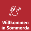 Willkommen in Sömmerda steht in weißer Schrift auf roten Hintergund und einer winkenden Hand