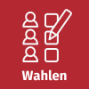Weißes Piktogramm mit drei stilisierten Personen neben Rechtecken und einen Stift