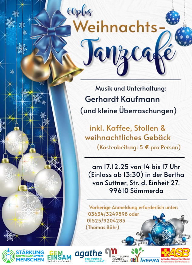 Plakat der Veranstaltung "60plus Weihnachtstanzcafe" am 17.12.2025 von 14:00 bis 17:00 Uhr im Bürgerzentrum Sömmerda.